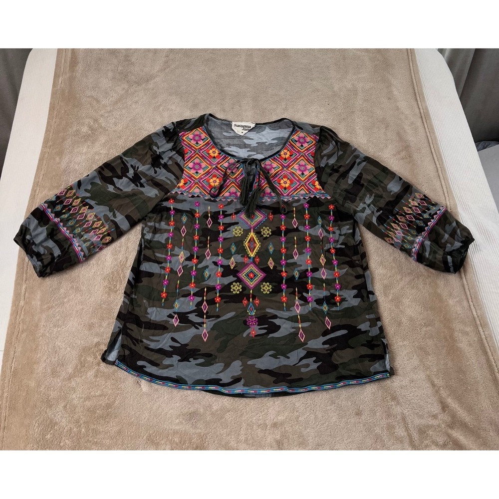Savanna Jane Camo Embroidered Floral Boho Balloon Sleeve Top 18674-C Womens M